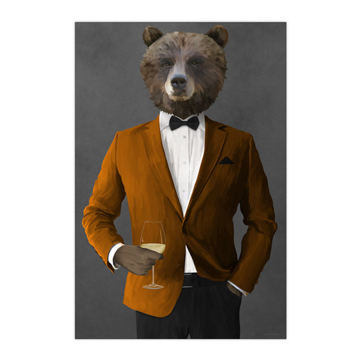Grizzly Bear Drinking White Wine Wall Art - Orange and Black Suit