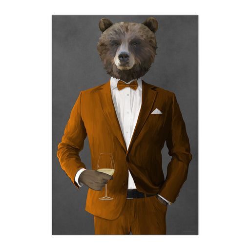 Grizzly Bear Drinking White Wine Wall Art - Orange Suit