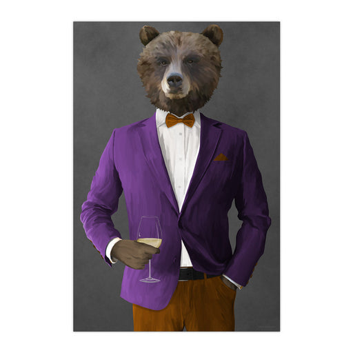 Grizzly Bear Drinking White Wine Wall Art - Purple and Orange Suit