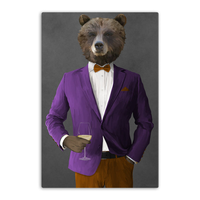 Grizzly Bear Drinking White Wine Wall Art - Purple and Orange Suit