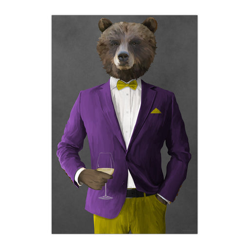 Grizzly Bear Drinking White Wine Wall Art - Purple and Yellow Suit