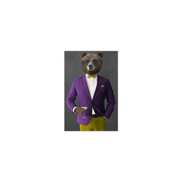 Grizzly Bear Drinking White Wine Wall Art - Purple and Yellow Suit