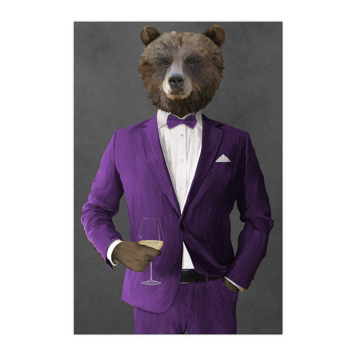 Grizzly Bear Drinking White Wine Wall Art - Purple Suit