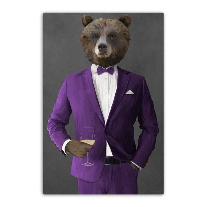 Grizzly Bear Drinking White Wine Wall Art - Purple Suit