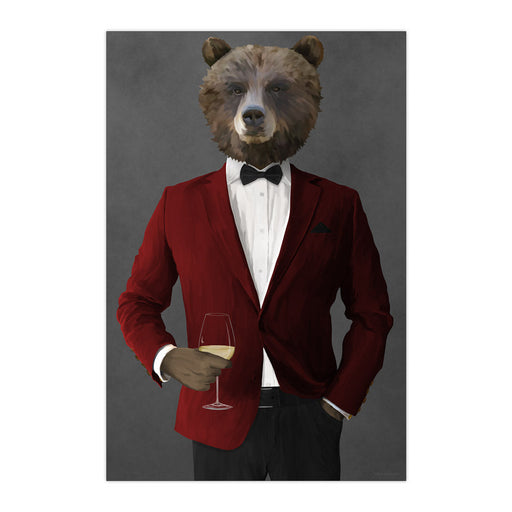Grizzly Bear Drinking White Wine Wall Art - Red and Black Suit