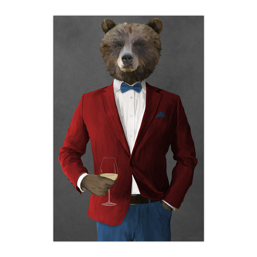 Grizzly Bear Drinking White Wine Wall Art - Red and Blue Suit
