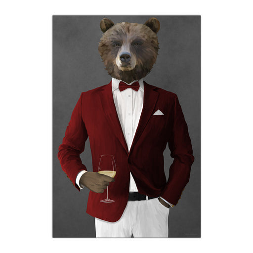 Grizzly Bear Drinking White Wine Wall Art - Red and White Suit