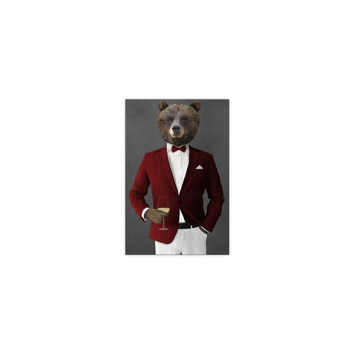 Grizzly Bear Drinking White Wine Wall Art - Red and White Suit