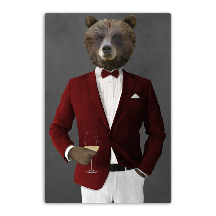 Grizzly Bear Drinking White Wine Wall Art - Red and White Suit