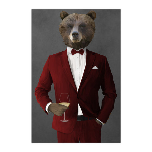 Grizzly Bear Drinking White Wine Wall Art - Red Suit