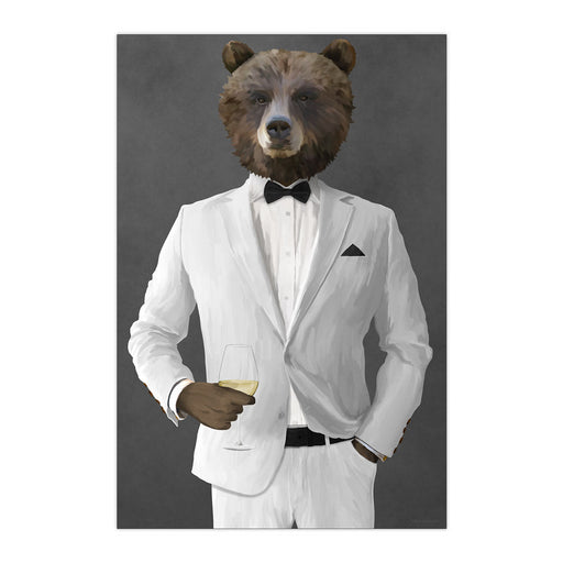 Grizzly Bear Drinking White Wine Wall Art - White Suit