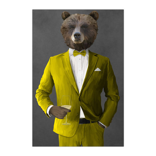 Grizzly Bear Drinking White Wine Wall Art - Yellow Suit