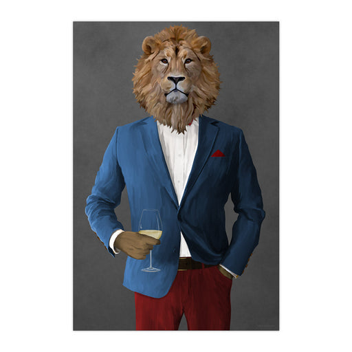 Lion Drinking White Wine Wall Art - Blue and Red Suit