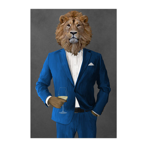 Lion Drinking White Wine Wall Art - Blue Suit