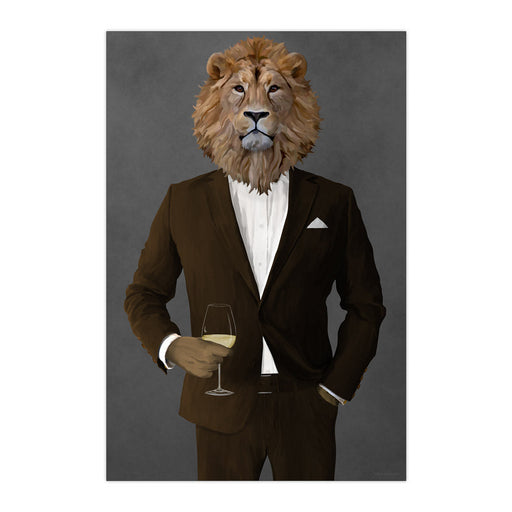 Lion Drinking White Wine Wall Art - Brown Suit