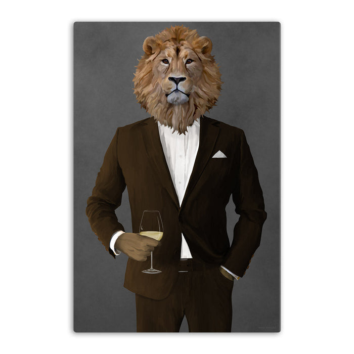 Lion Drinking White Wine Wall Art - Brown Suit