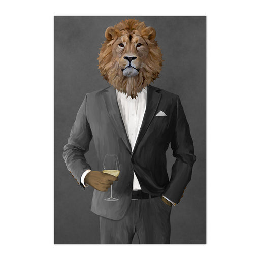 Lion Drinking White Wine Wall Art - Gray Suit