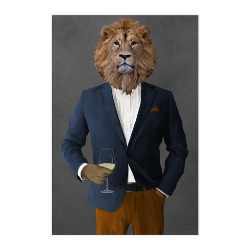 Lion Drinking White Wine Wall Art - Navy and Orange Suit