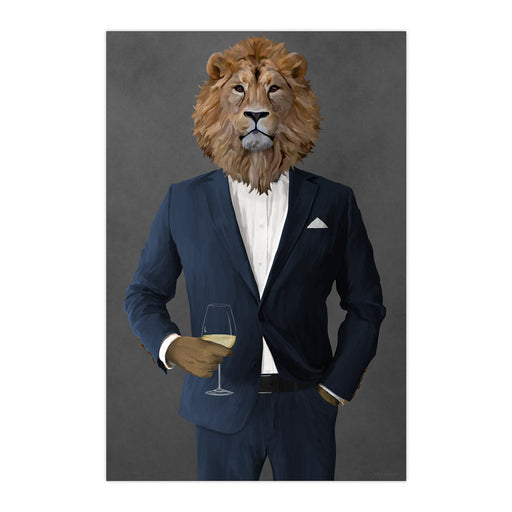 Lion Drinking White Wine Wall Art - Navy Suit