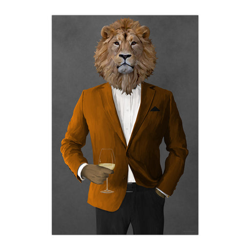 Lion Drinking White Wine Wall Art - Orange and Black Suit