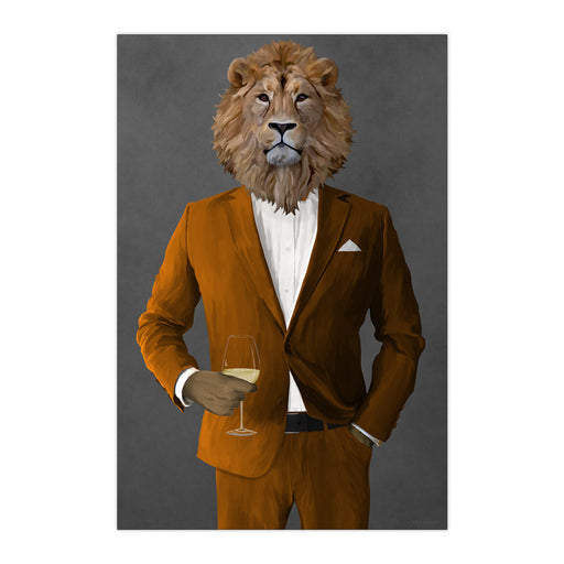 Lion Drinking White Wine Wall Art - Orange Suit