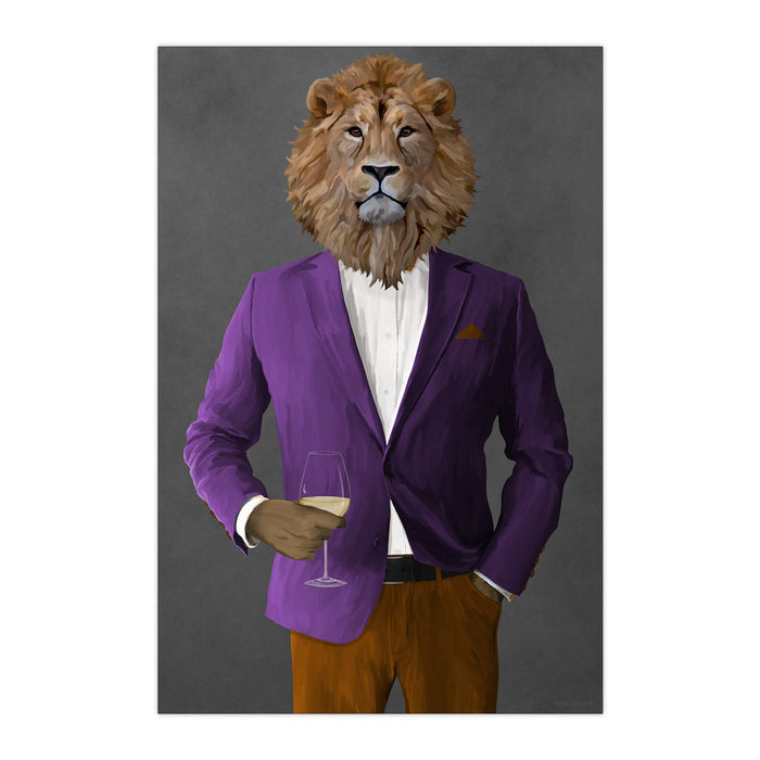 Lion Drinking White Wine Wall Art - Purple and Orange Suit