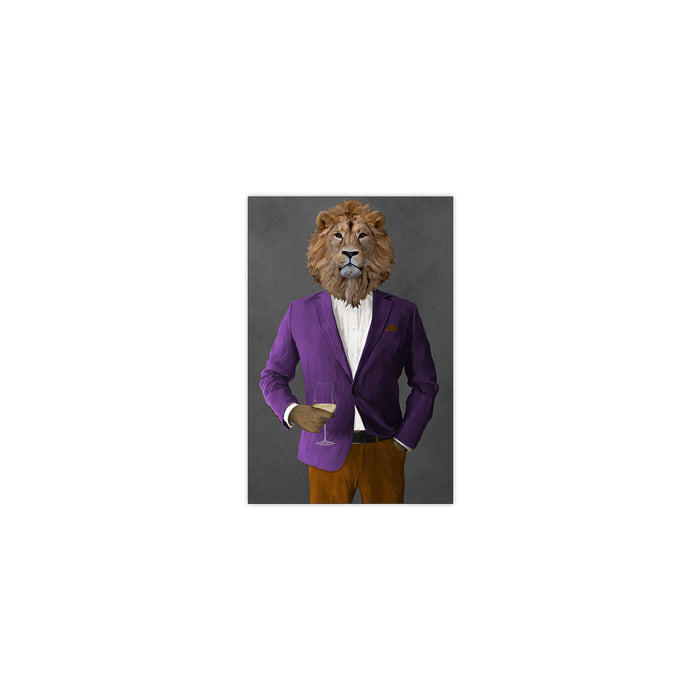 Lion Drinking White Wine Wall Art - Purple and Orange Suit