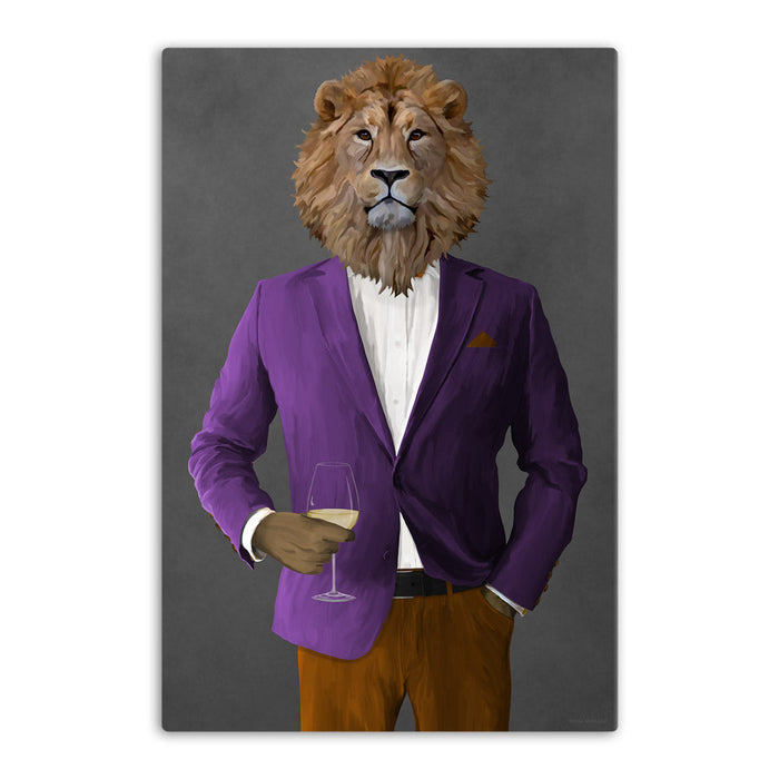 Lion Drinking White Wine Wall Art - Purple and Orange Suit