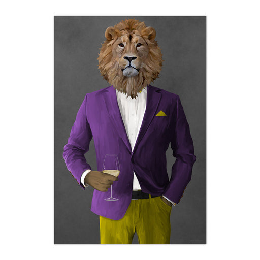 Lion Drinking White Wine Wall Art - Purple and Yellow Suit