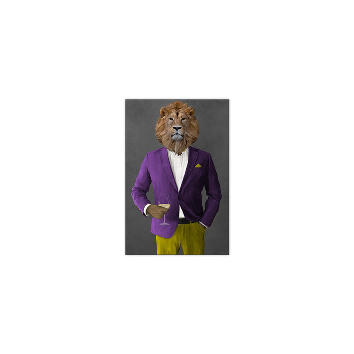 Lion Drinking White Wine Wall Art - Purple and Yellow Suit