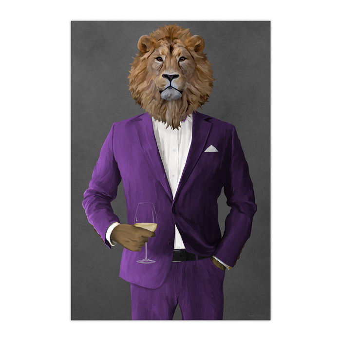Lion Drinking White Wine Wall Art - Purple Suit
