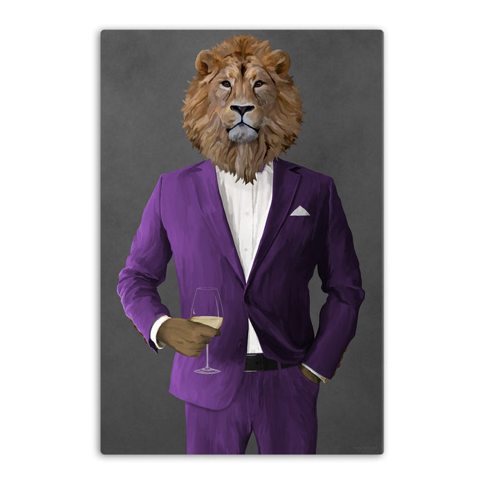 Lion Drinking White Wine Wall Art - Purple Suit