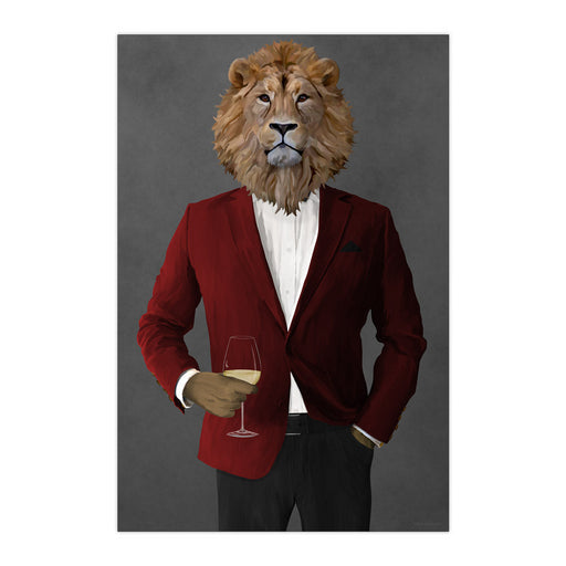 Lion Drinking White Wine Wall Art - Red and Black Suit