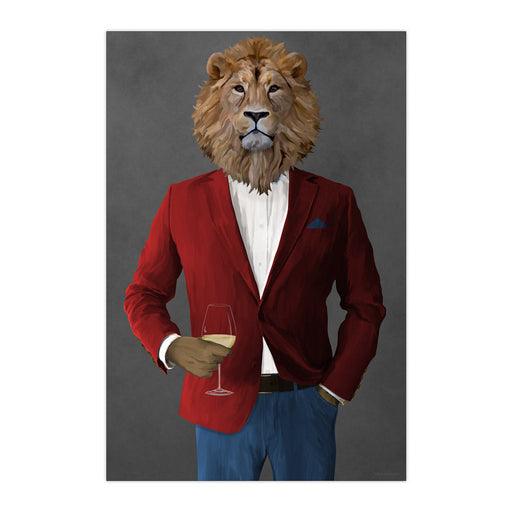 Lion Drinking White Wine Wall Art - Red and Blue Suit