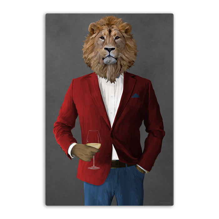 Lion Drinking White Wine Wall Art - Red and Blue Suit