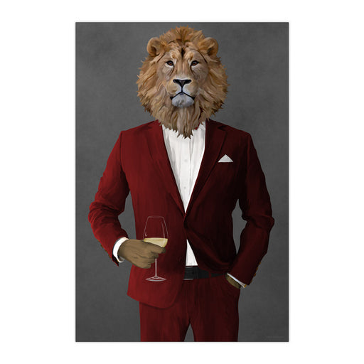 Lion Drinking White Wine Wall Art - Red Suit