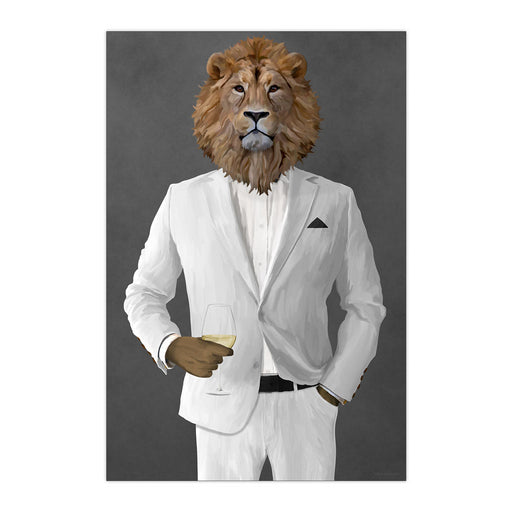 Lion Drinking White Wine Wall Art - White Suit