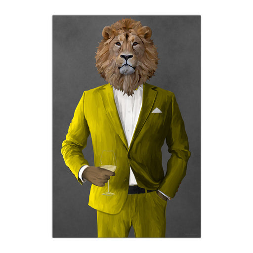 Lion Drinking White Wine Wall Art - Yellow Suit