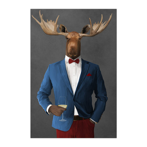 Moose Drinking White Wine Wall Art - Blue and Red Suit