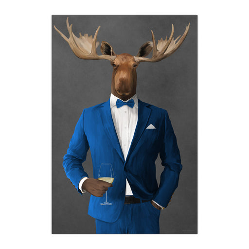 Moose Drinking White Wine Wall Art - Blue Suit
