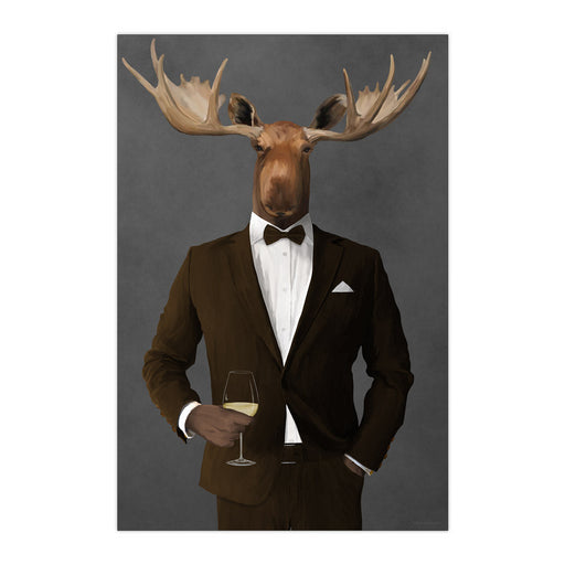 Moose Drinking White Wine Wall Art - Brown Suit