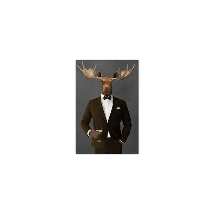 Moose Drinking White Wine Wall Art - Brown Suit