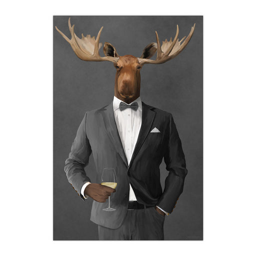 Moose Drinking White Wine Wall Art - Gray Suit