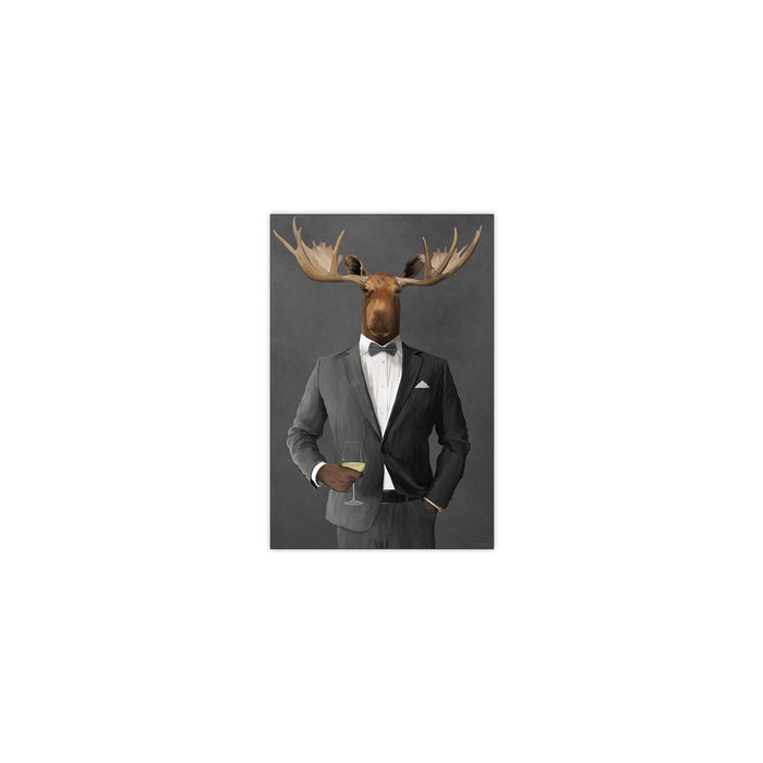 Moose Drinking White Wine Wall Art - Gray Suit
