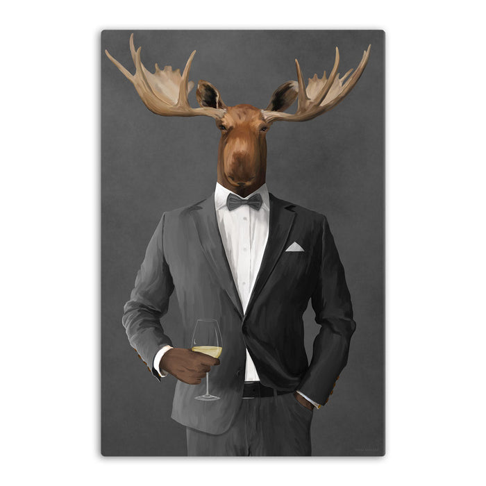 Moose Drinking White Wine Wall Art - Gray Suit