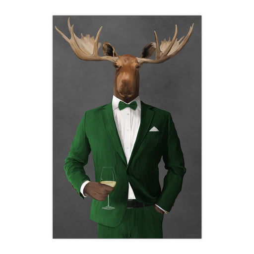 Moose Drinking White Wine Wall Art - Green Suit