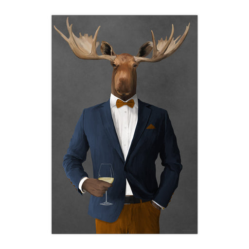 Moose Drinking White Wine Wall Art - Navy and Orange Suit