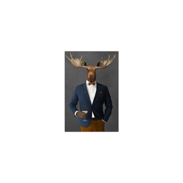 Moose Drinking White Wine Wall Art - Navy and Orange Suit