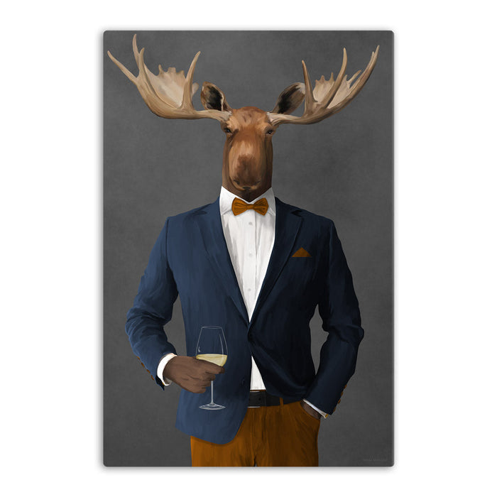 Moose Drinking White Wine Wall Art - Navy and Orange Suit