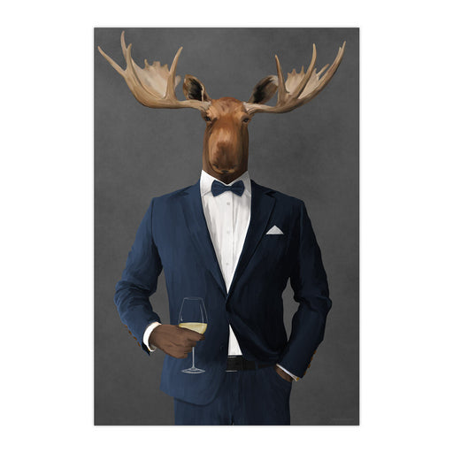 Moose Drinking White Wine Wall Art - Navy Suit